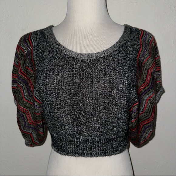 VTG crop sweater top grey red purple black Y2K made in USA scoop neck M - Picture 1 of 13